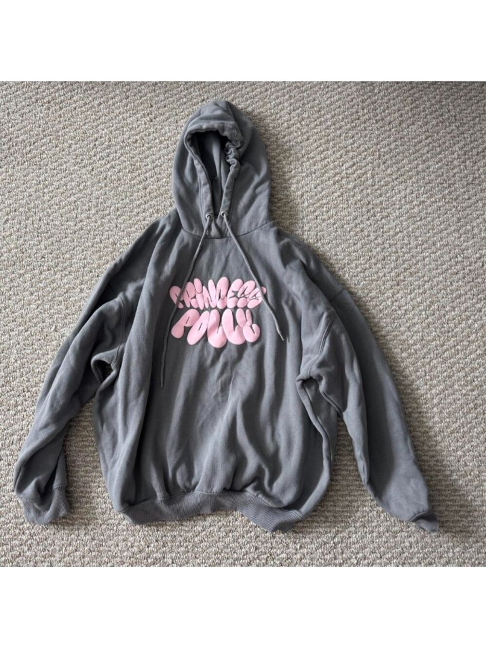 Princess Polly Gray Oversized Hoodie with Pink Puff Print Logo